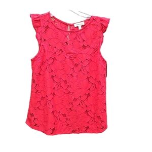 Monteau of Los Angeles, Lace Sleeveless Top, Ruffled Shoulder, Red, Orange